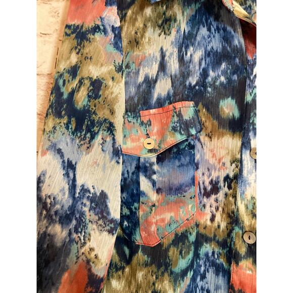 CJ Banks Top Womens 1X Watercolor Art To Wear Button Up Semi Sheer Artsy Flowy - Picture 5 of 14